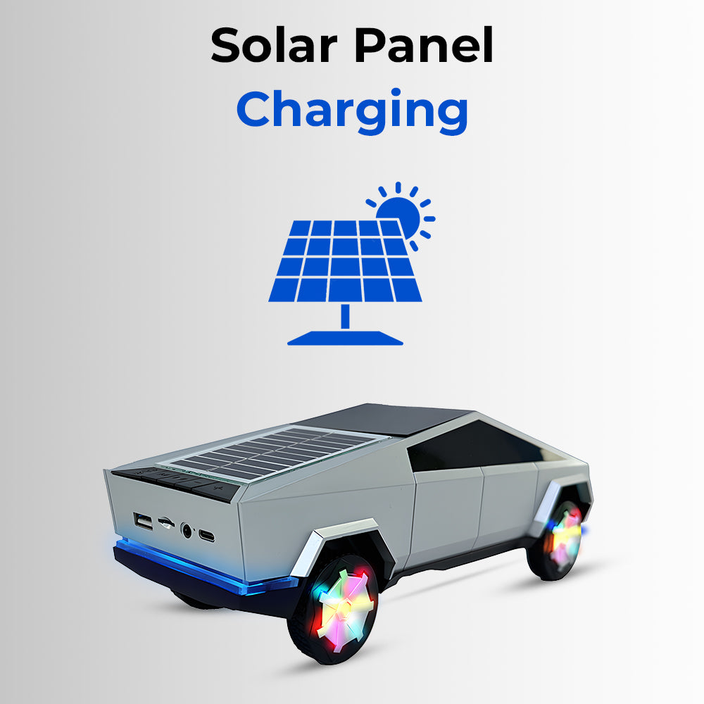Glassology Charome Cybertruck Solar Speaker – 10W Power, Solar Charging, LED Light, FM Radio, Bluetooth Stereo, AUX & TF Card Support (Silver)