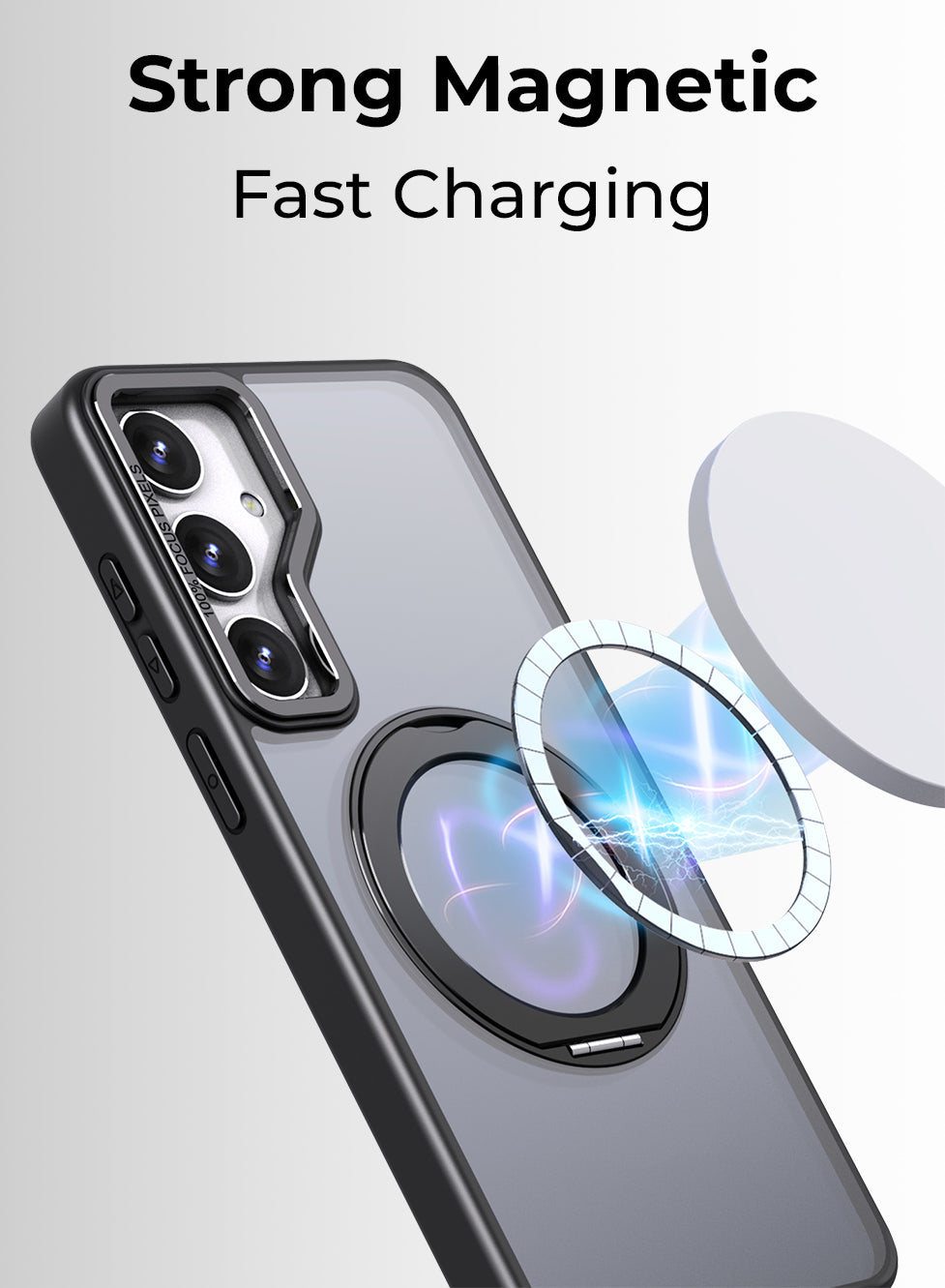 جراب مغناطيسي بحامل حلقي دوار 360 درجة لهاتف Samsung Galaxy S25 FE - أسود مقاوم للصدمات ومتوافق مع حامل مغناطيسي