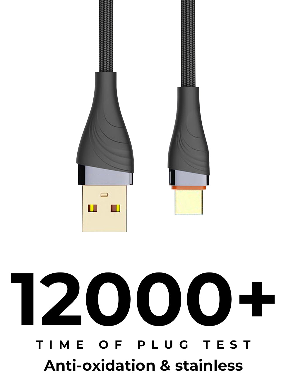 USB cable with metallic connectors on a white background, featuring text about plug test duration and material quality.