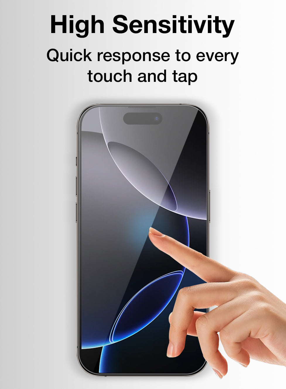 Smartphone with a screen protector being touched, emphasizing high sensitivity and quick response.