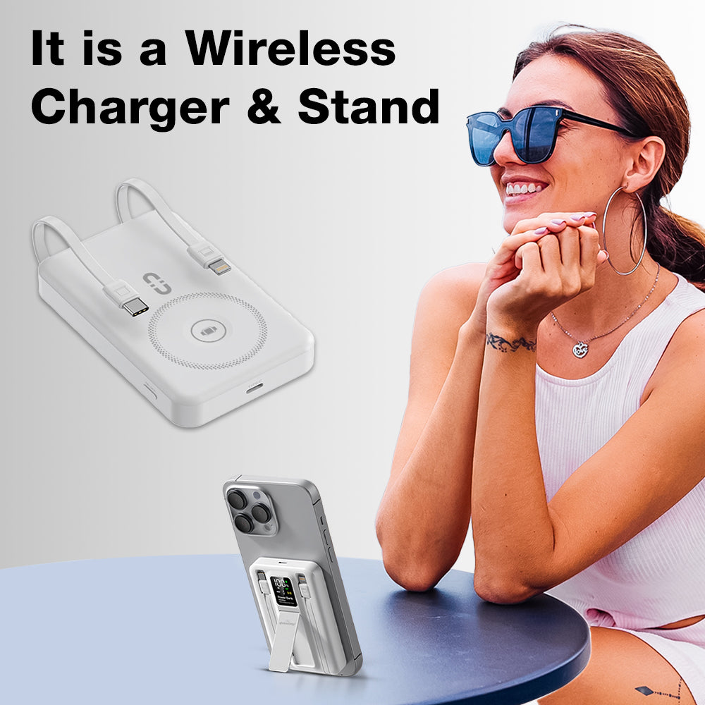 Glassology 10000mAh MagSafe Power Bank with Foldable Stand & Cable (White)