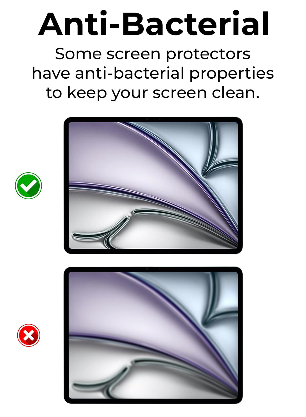 Screen protector advertisement with anti-bacterial properties on a white background