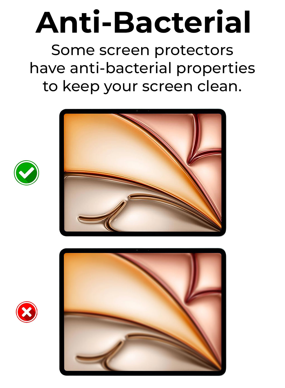 Screen protector advertisement with anti-bacterial properties on a white background