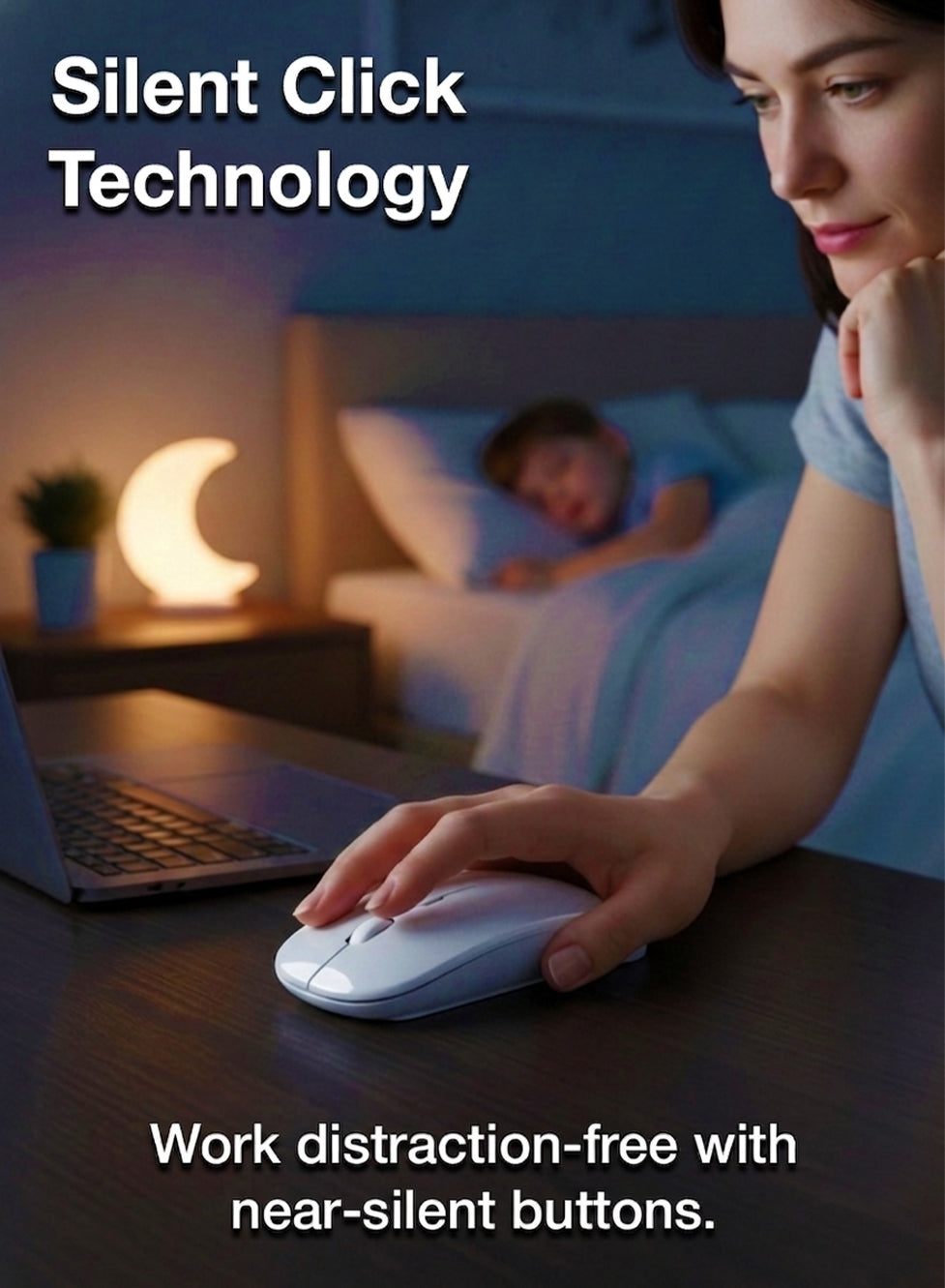 Person using a computer mouse with text about silent click technology in a bedroom setting.