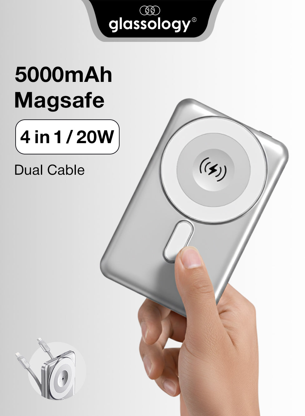 Glassology 5000mAh Magsafe device with hand holding it on a white background
