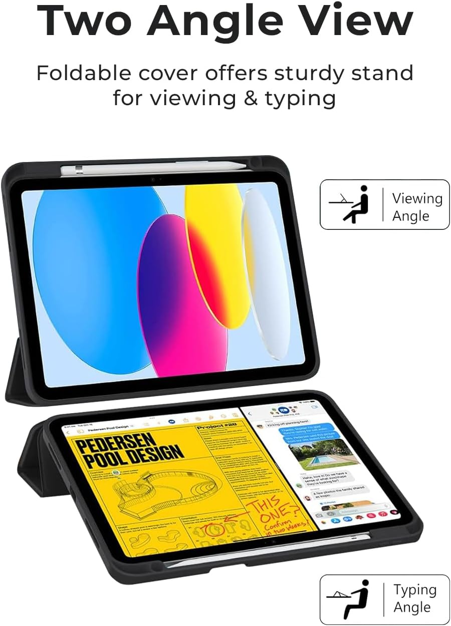 Foldable cover with two viewing angles for a tablet displaying colorful graphics and text.