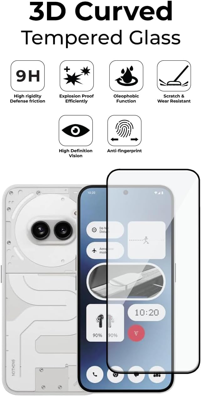 3D curved tempered glass screen protector for a smartphone with feature icons and phone display.