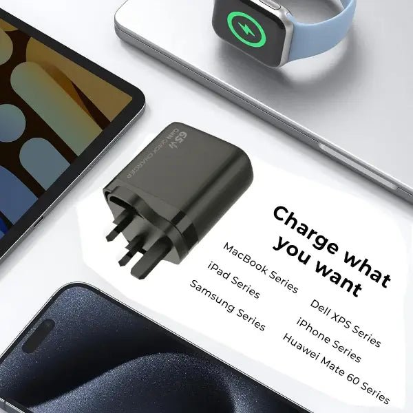 65W GaN Fast Charger | 3 - Port USB - C & USB - A Power Adapter - GLASSOLOGY