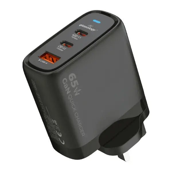 65W GaN Fast Charger | 3 - Port USB - C & USB - A Power Adapter - GLASSOLOGY