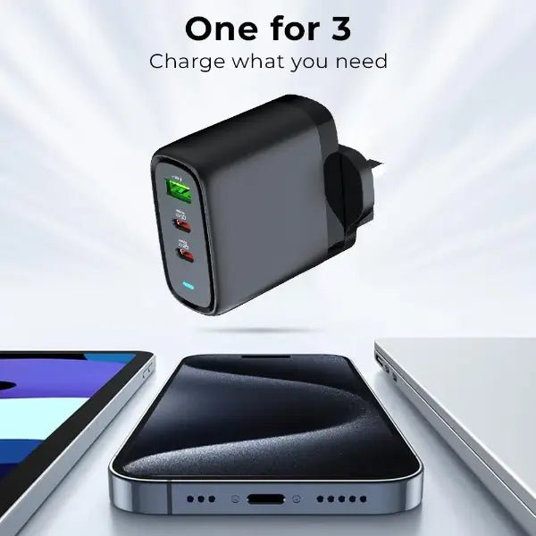 65W GaN Fast Charger | 3 - Port USB - C & USB - A Power Adapter - GLASSOLOGY