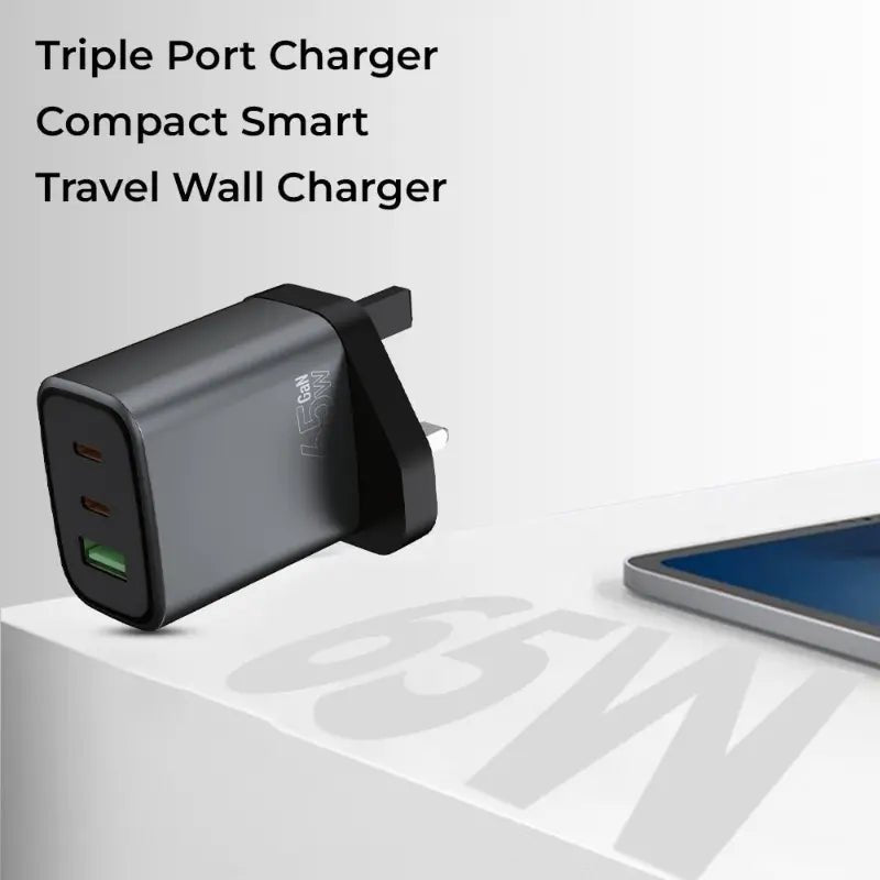 65W GaN Fast Charger - Triple Port (2C + A) +(Includes USB - C Charging Cable) - GLASSOLOGY