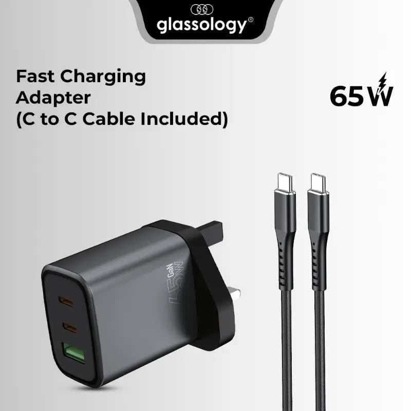 65W GaN Fast Charger - Triple Port (2C + A) +(Includes USB - C Charging Cable) - GLASSOLOGY