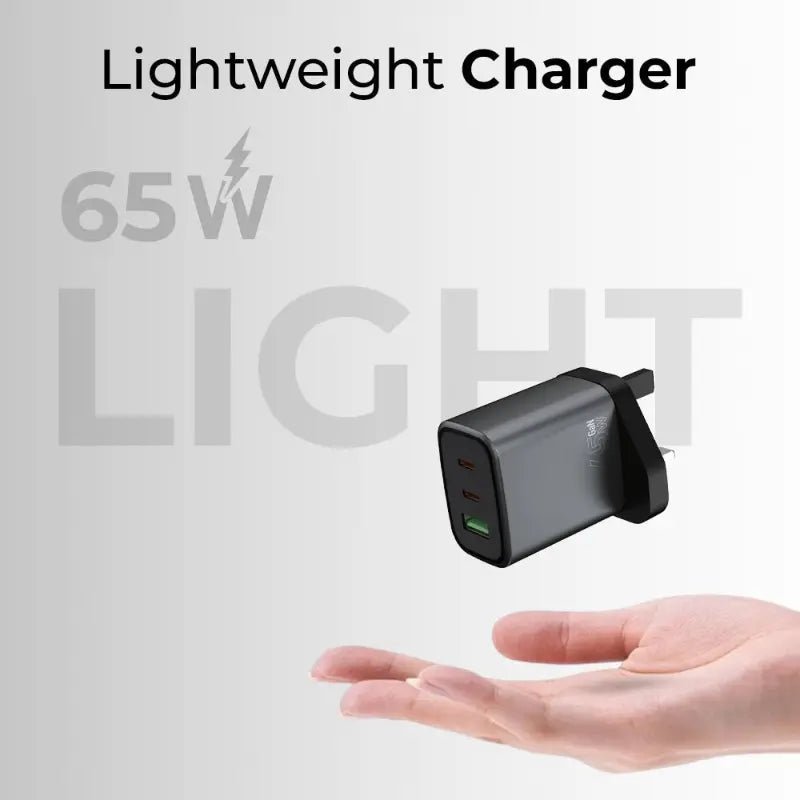 65W GaN Fast Charger - Triple Port (2C + A) +(Includes USB - C Charging Cable) - GLASSOLOGY