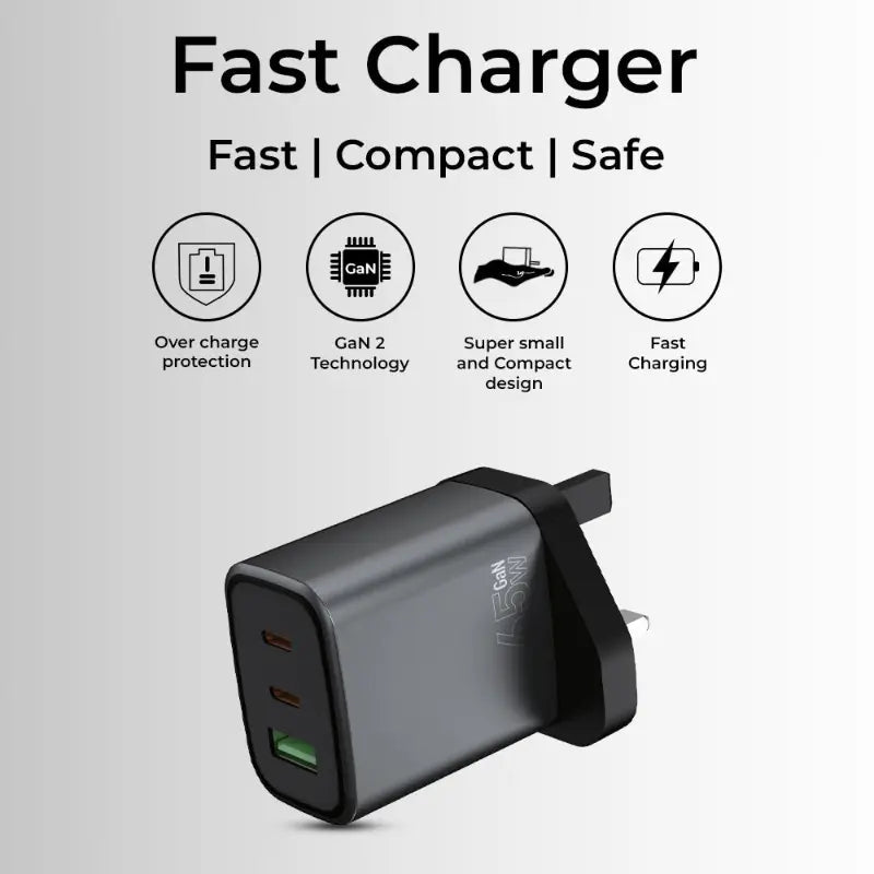 65W GaN Fast Charger - Triple Port (2C + A) +(Includes USB - C Charging Cable) - GLASSOLOGY