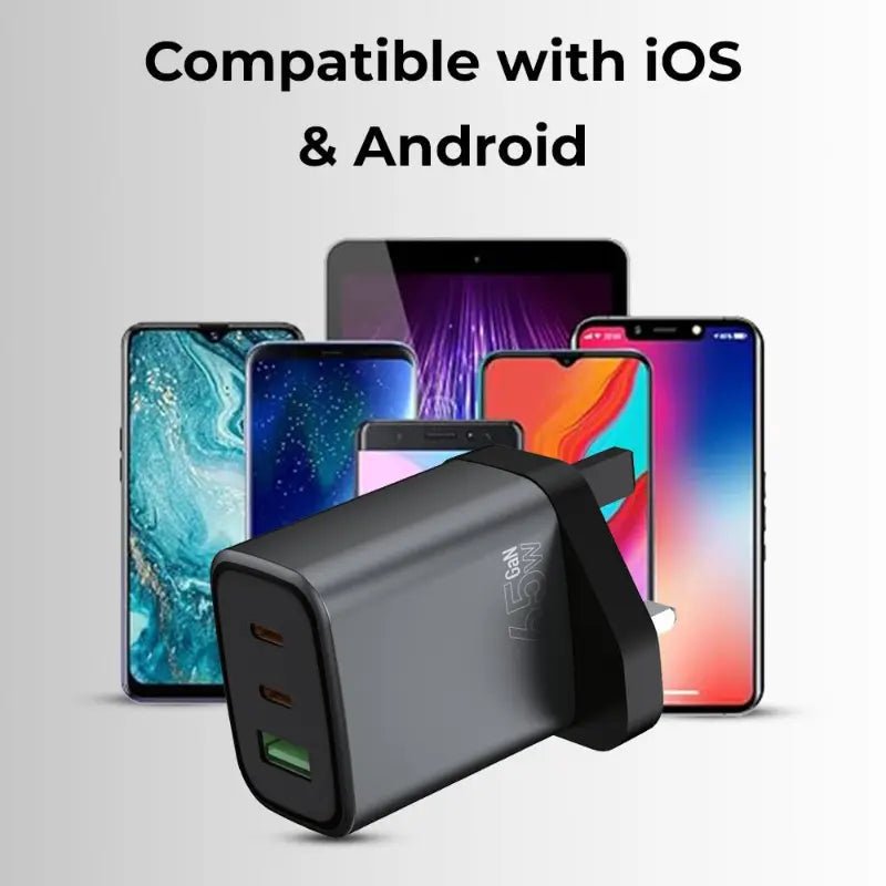 65W GaN Fast Charger - Triple Port (2C + A) +(Includes USB - C Charging Cable) - GLASSOLOGY