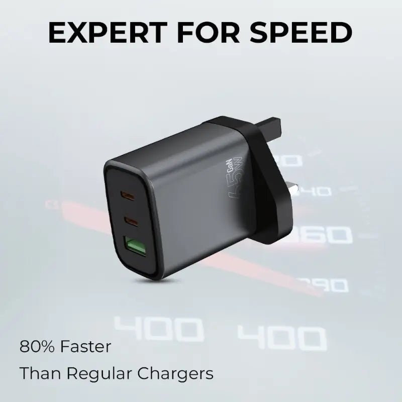 65W GaN Fast Charger - Triple Port (2C + A) +(Includes USB - C Charging Cable) - GLASSOLOGY