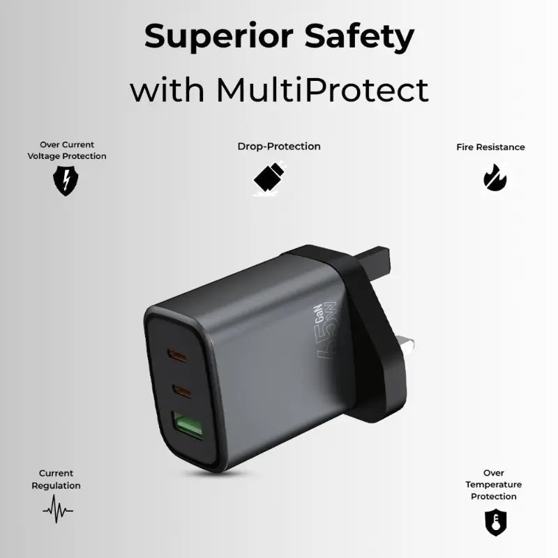 65W GaN Fast Charger - Triple Port (2C + A) +(Includes USB - C Charging Cable) - GLASSOLOGY