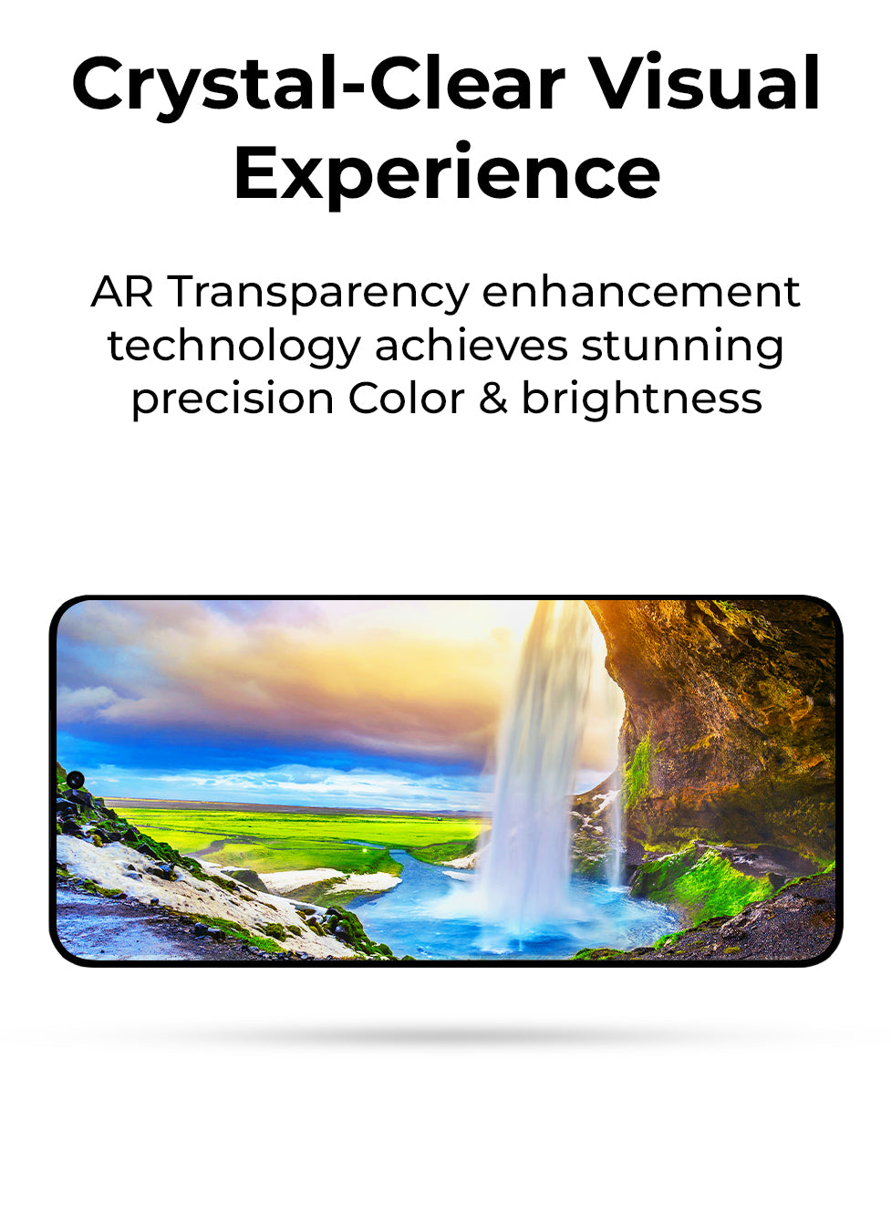 Smartphone displaying a scenic waterfall with text about AR transparency enhancement technology.