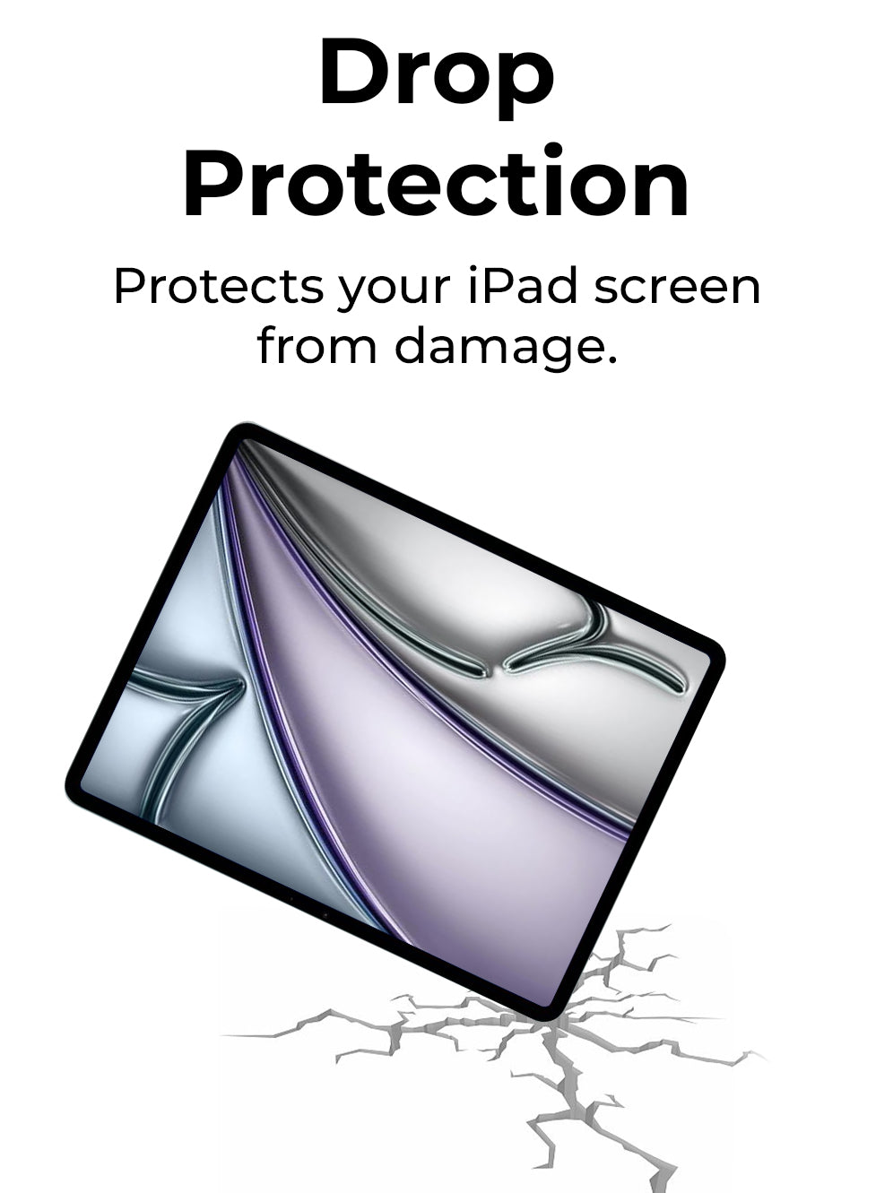 Advertisement for screen protector with text 'Drop Protection Protects your iPad screen from damage' on a white background.