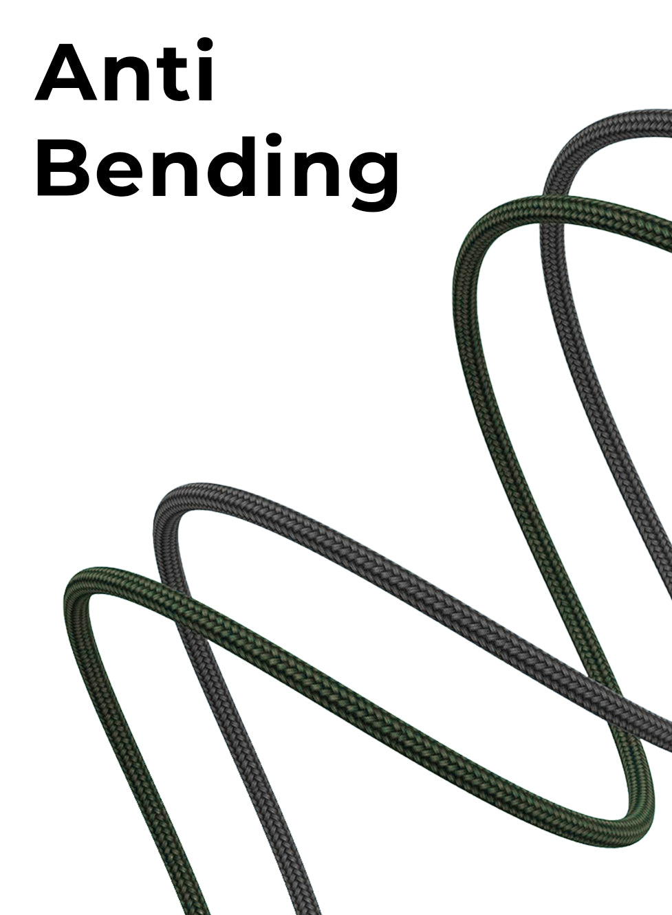 Anti-bending feature with coiled green and black cable on a white background