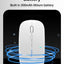 White computer mouse with blue energy effect and text about long-lasting battery on a gray background
