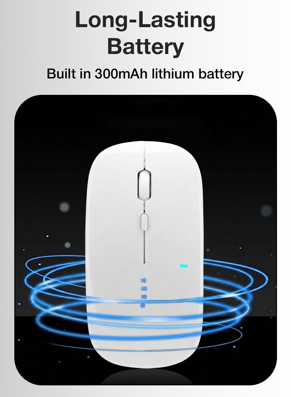 White computer mouse with blue energy effect and text about long-lasting battery on a gray background