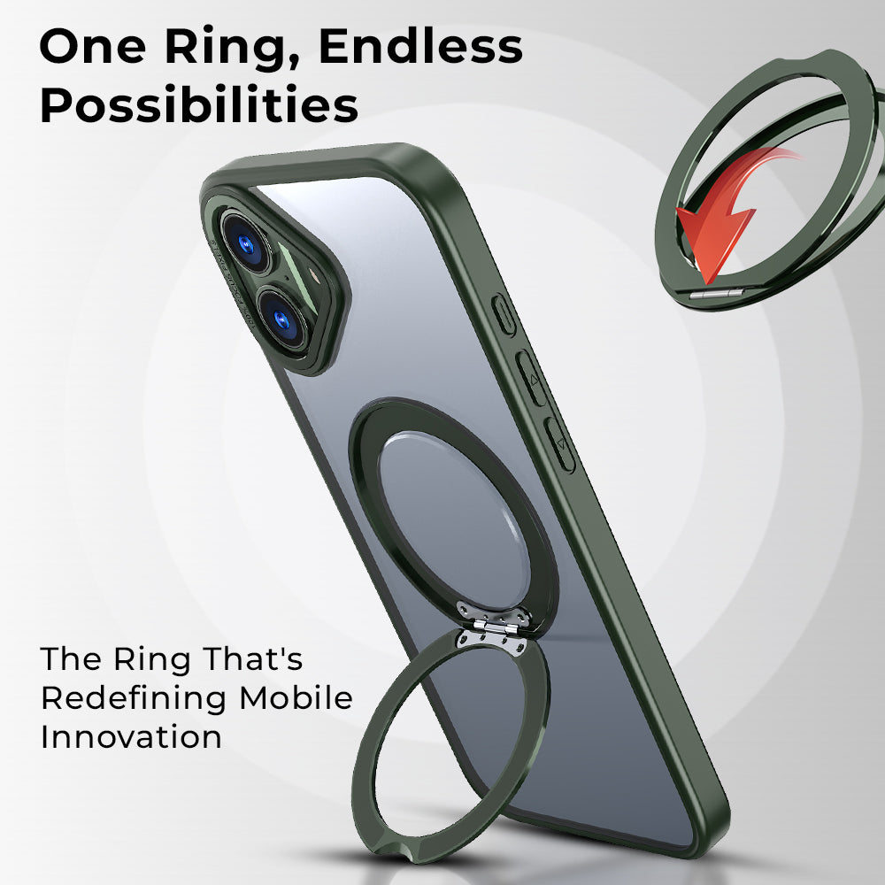 Phone case with a ring feature and text about endless possibilities and mobile innovation.