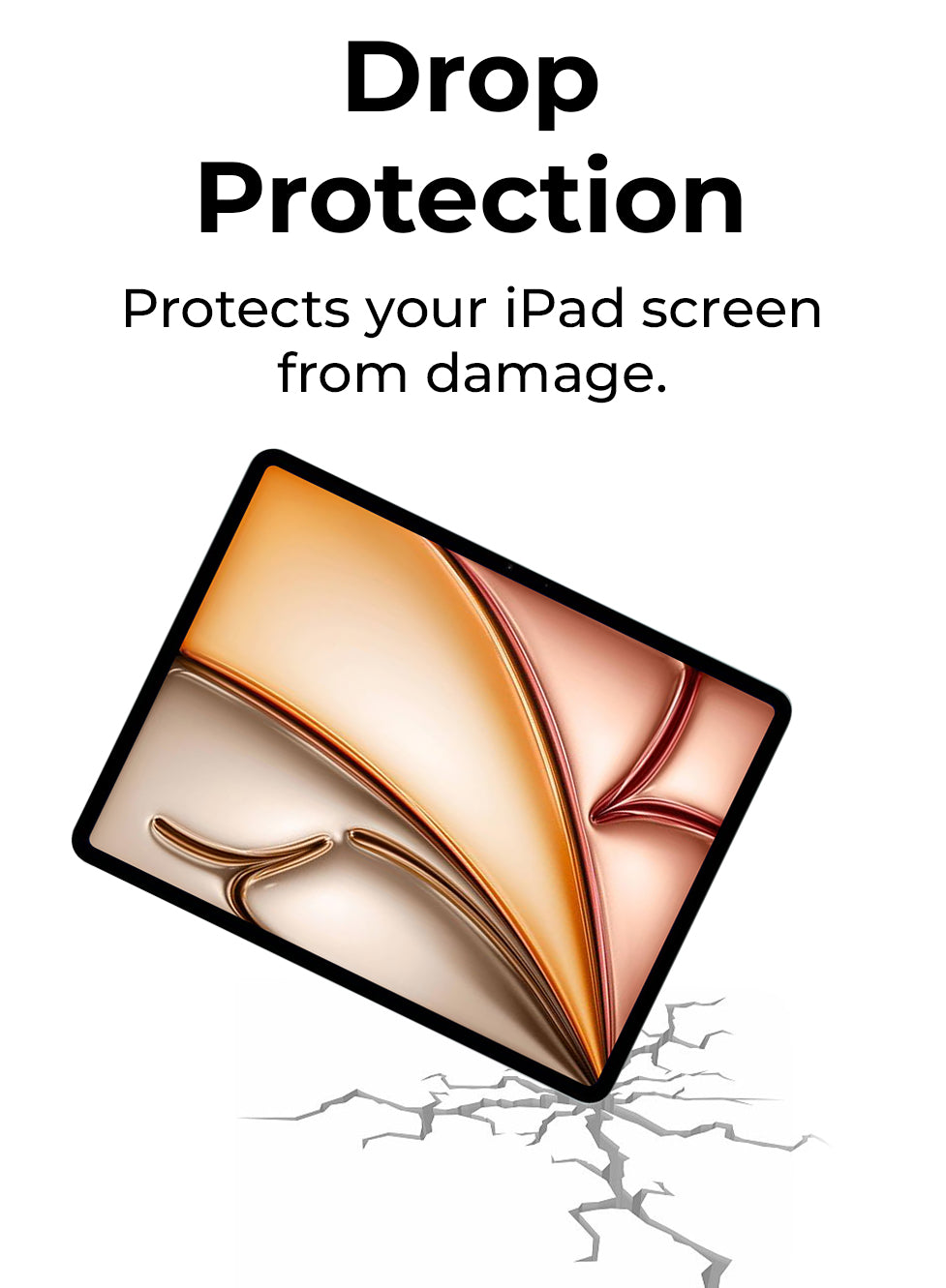 Screen protector for iPad with text 'Drop Protection' and 'Protects your iPad screen from damage'.