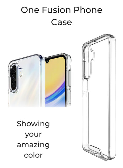 Clear phone case with a colorful display on a white background