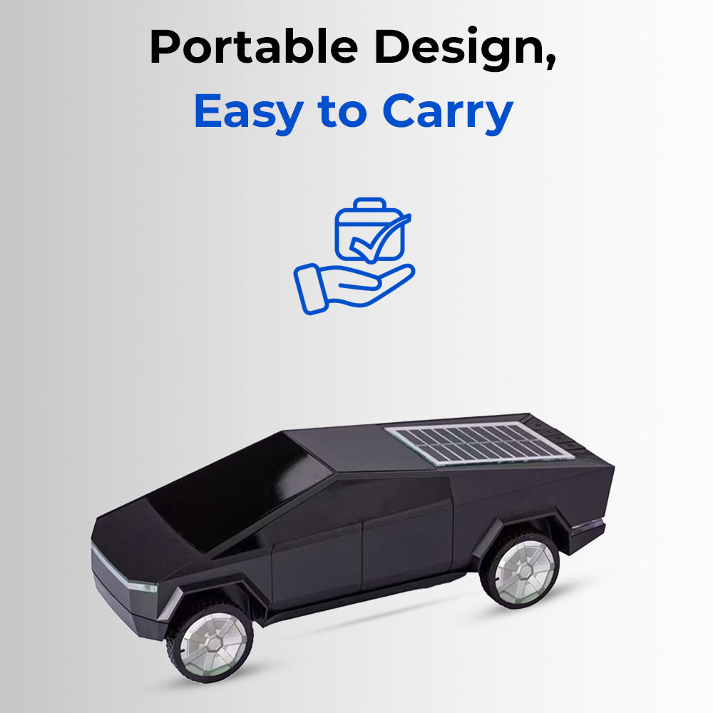 Black portable vehicle with solar panel on a gray background, featuring text 'Portable Design, Easy to Carry'.