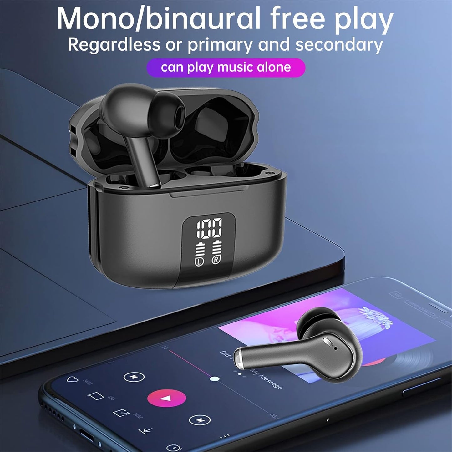 VIBEZ Wireless Earphones, Bluetooth 5.3 Quad-mic ENC Call Noise Reduction, with LED Power Display Charging Case, IPX5 Waterproof Ultra-Light and Ergonomic for Sports and Esports