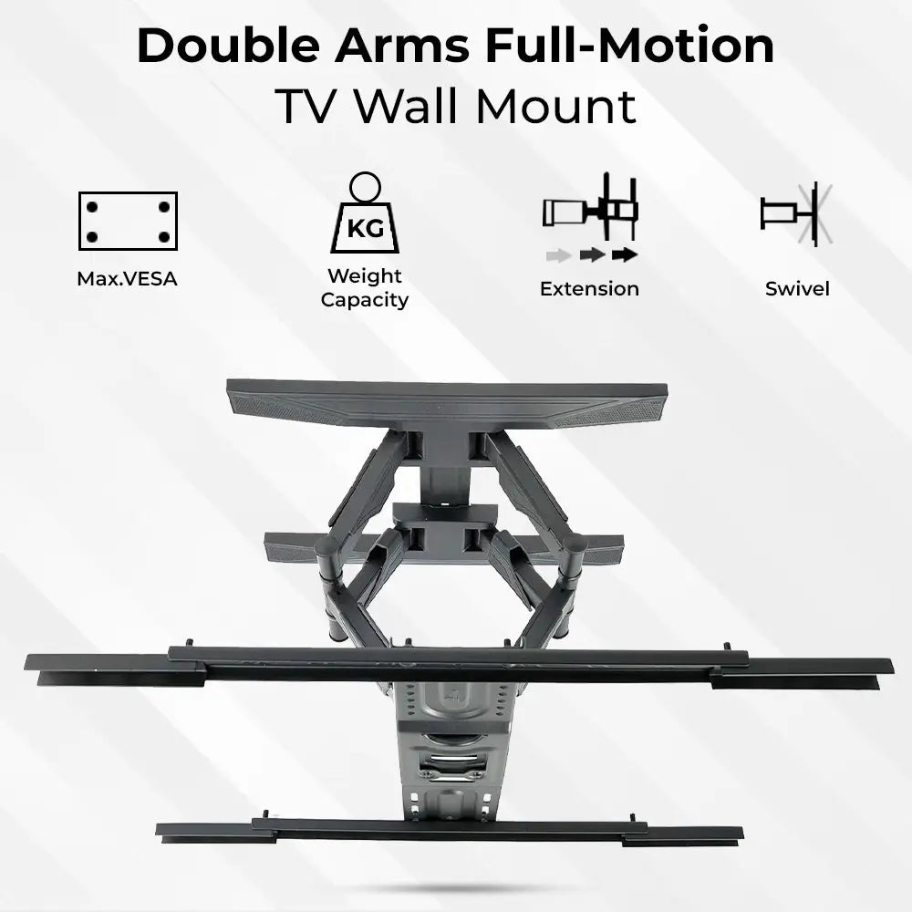 Double arms full-motion TV wall mount with features listed on a white background