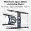 TV wall mount with dimensions and text highlighting space optimization.