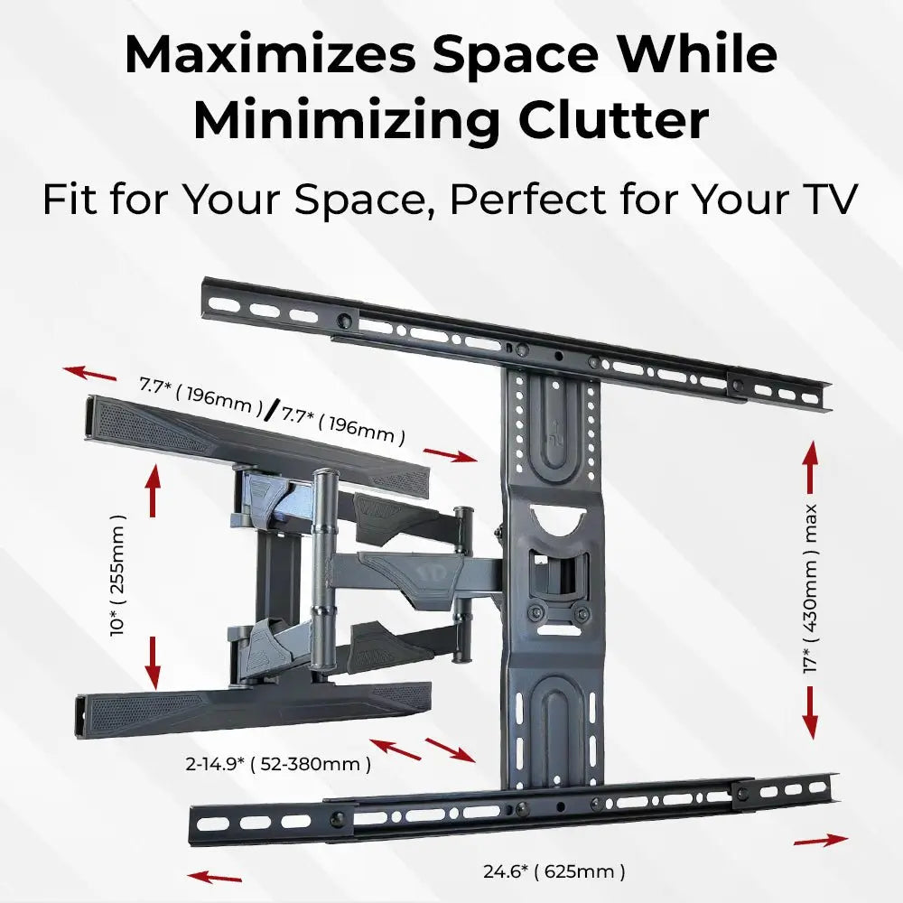TV wall mount with dimensions and text highlighting space optimization.