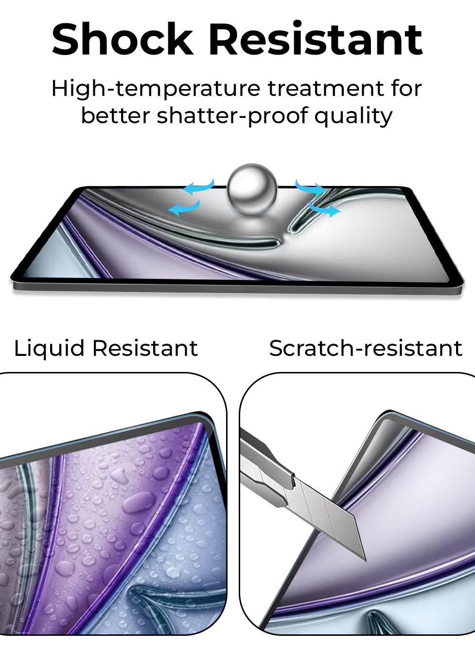 Illustration of a phone screen with text highlighting shock resistance, liquid resistance, and scratch resistance.