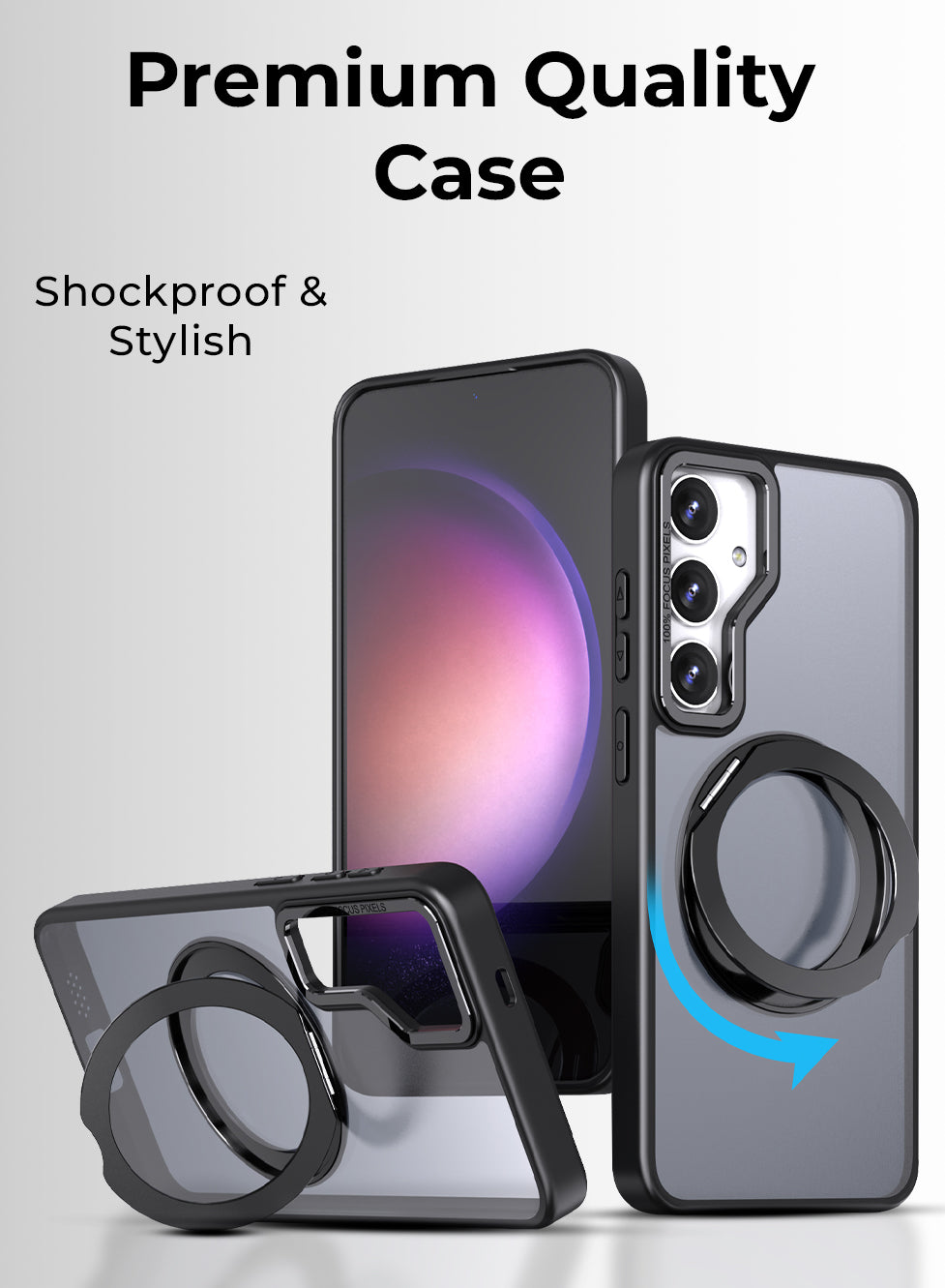 جراب مغناطيسي بحامل حلقي دوار 360 درجة لهاتف Samsung Galaxy S25 FE - أسود مقاوم للصدمات ومتوافق مع حامل مغناطيسي