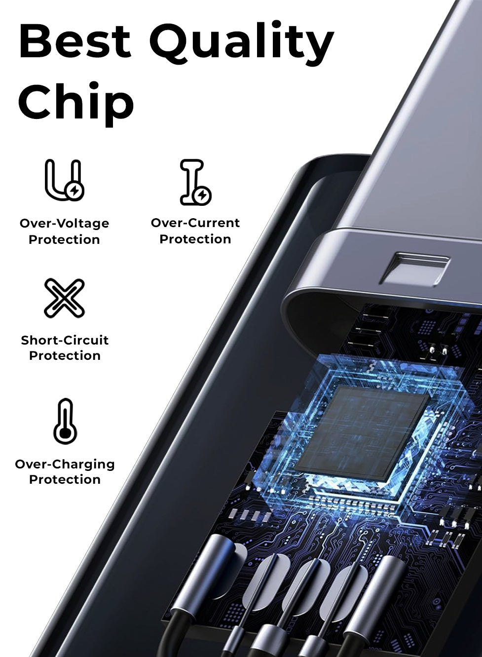 Smartphone with charging cables and a focus on chip quality, featuring protection icons.