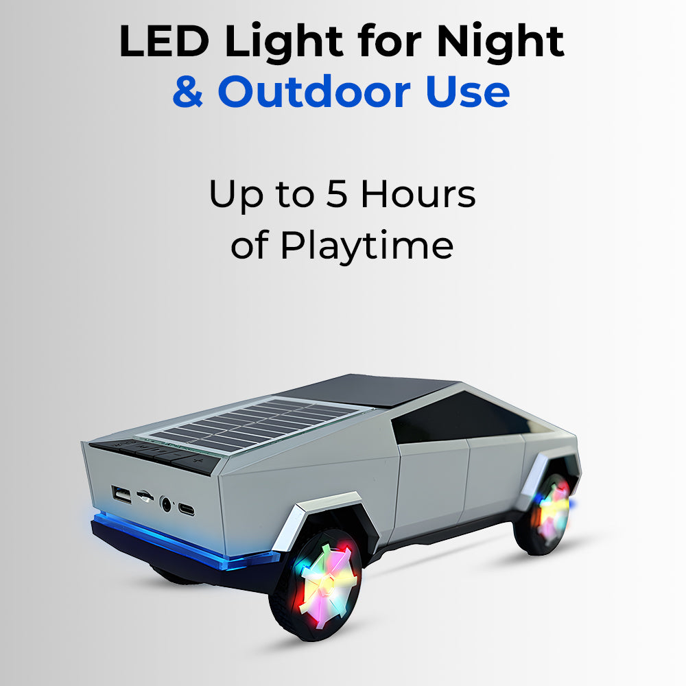 Glassology Charome Cybertruck Solar Speaker – 10W Power, Solar Charging, LED Light, FM Radio, Bluetooth Stereo, AUX & TF Card Support (Silver)