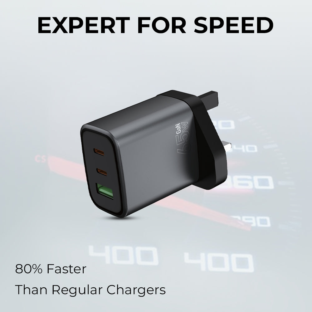 65W GaN Triple-Port Charger (2C + A) with USB-C Cable