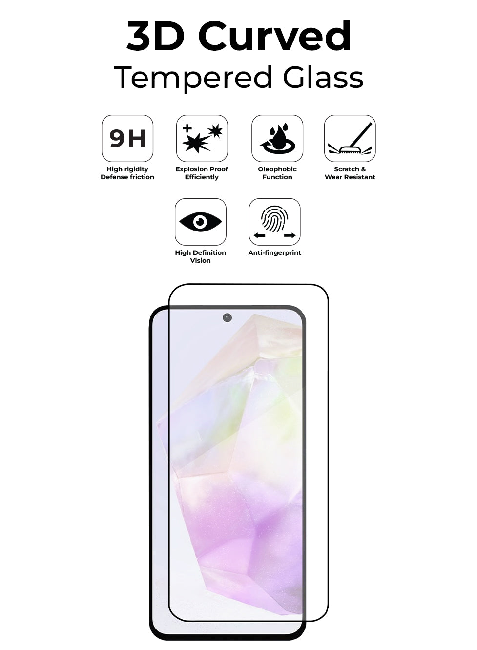 3D Curved Tempered Glass screen protector for a smartphone with features listed on a white background.