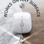 White computer mouse on a marble and wood surface with text about high-precision optical tracking.