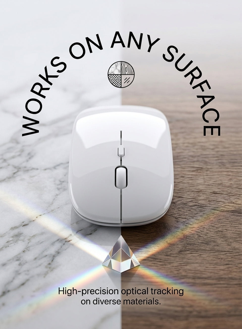 White computer mouse on a marble and wood surface with text about high-precision optical tracking.