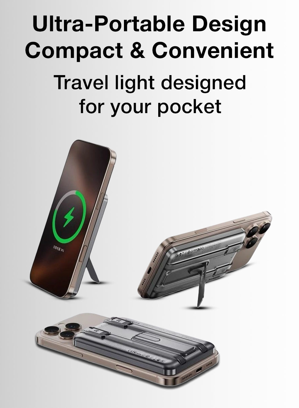 Ultra-portable phone case with charging feature on a light gray background