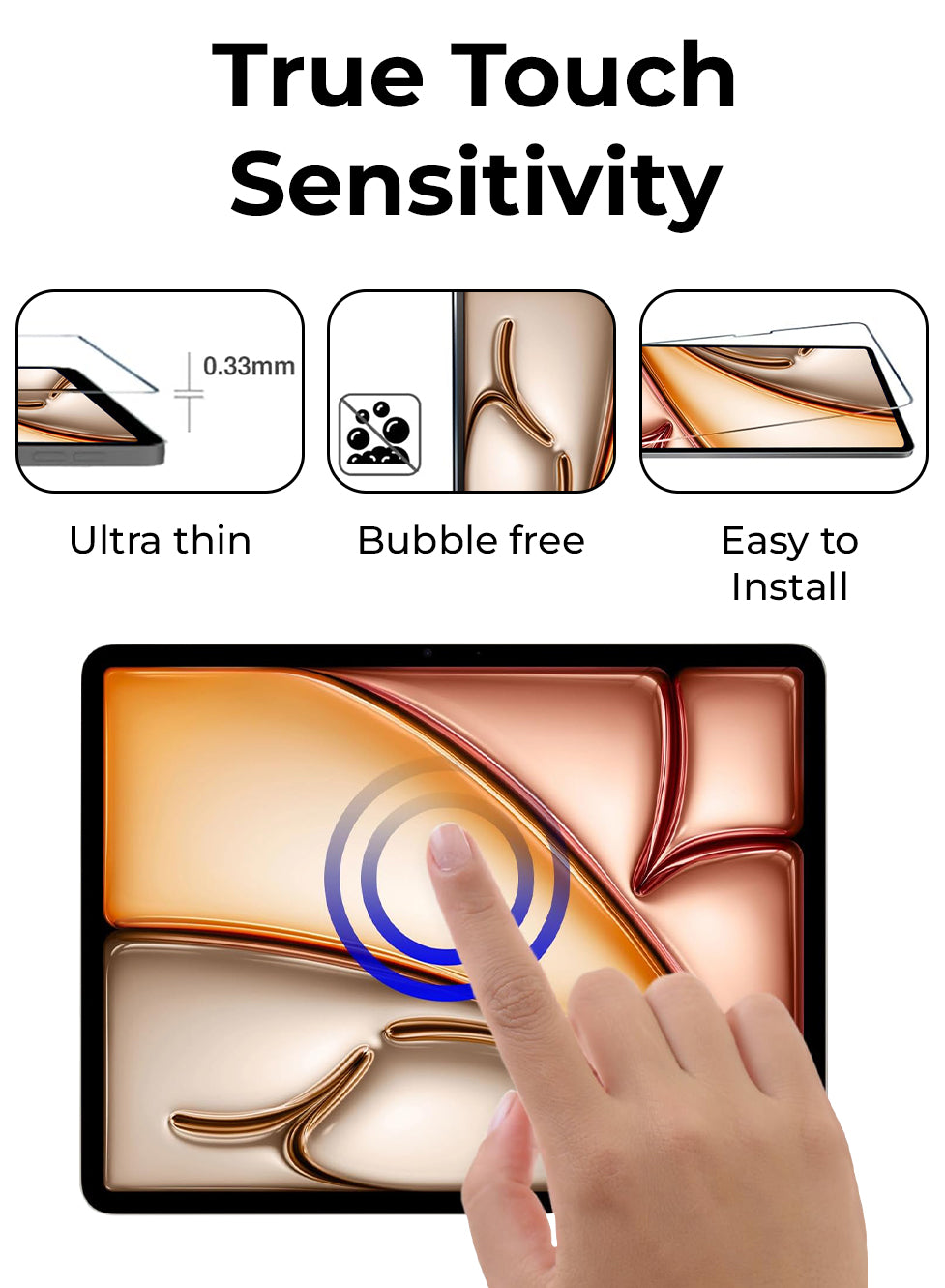 Screen protector with text 'True Touch Sensitivity' and features like ultra-thin, bubble-free, and easy to install.