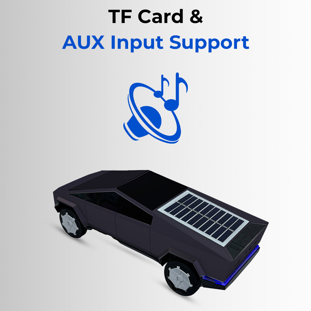 Black toy car with solar panel on a gray background, featuring text about TF card and AUX input support.