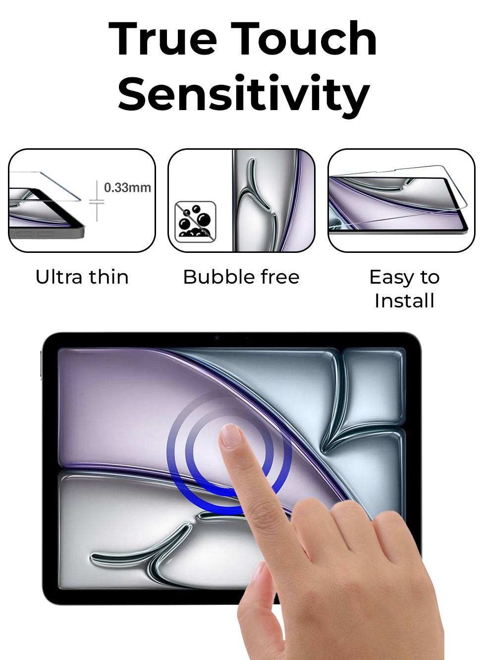 Screen protector with features like ultra-thin, bubble-free, and easy to install, shown on a tablet with a hand touching the screen.