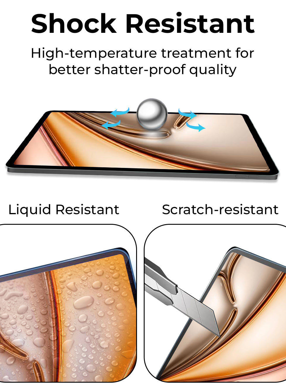 Advertisement showcasing shock resistance, liquid resistance, and scratch resistance of a screen protector.