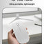 White wireless mouse held in a hand with text about ergonomic design and portability.