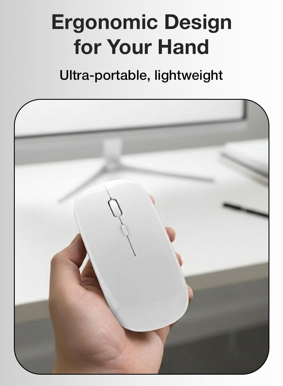 White wireless mouse held in a hand with text about ergonomic design and portability.