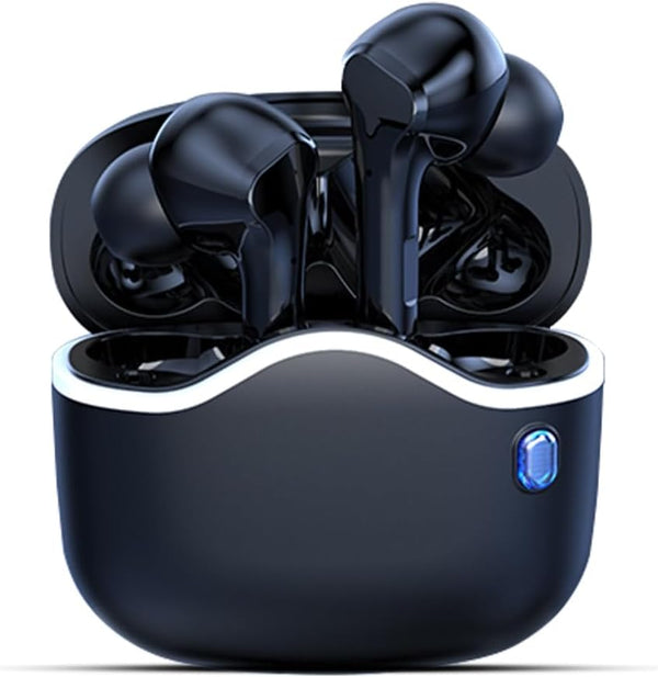 Black wireless earbuds in a charging case on a white background